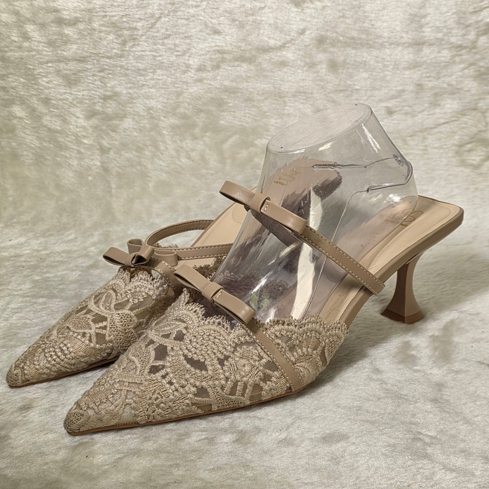 Cosy Island GraceLithe Lace Pointed Toe Bow Pumps Mules Beige Women 9.5